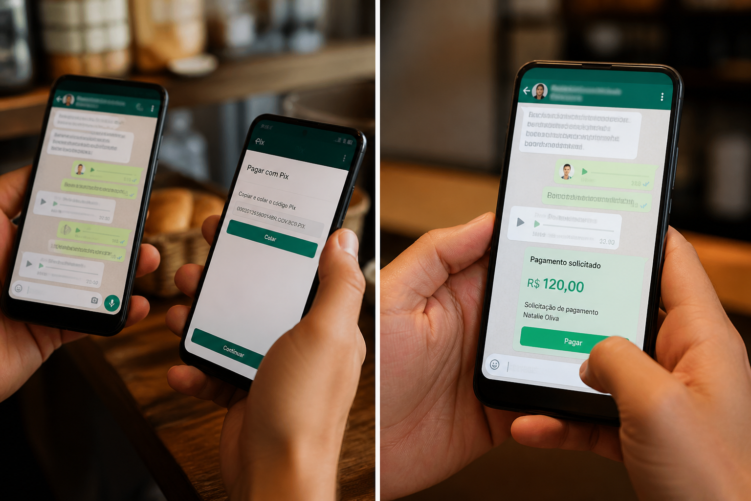 Esquerda sai do WhatsApp para pagar no banco; direita paga Pix no chat