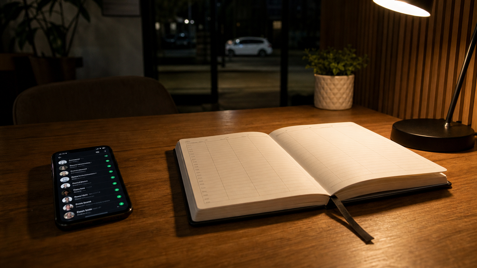 celular com conversas não lidas ao lado de agenda em branco, à noite